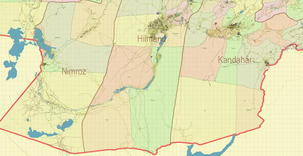 Afghanistan Full Map Vector Exact High Detailed: All Roads All Cities + Admin areas editable Adobe Illustrator Road Map in layers