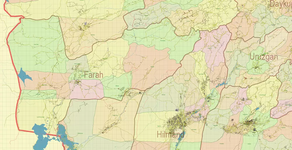 Afghanistan Full Map Vector Exact High Detailed: All Roads All Cities + Admin areas editable Adobe Illustrator Road Map in layers