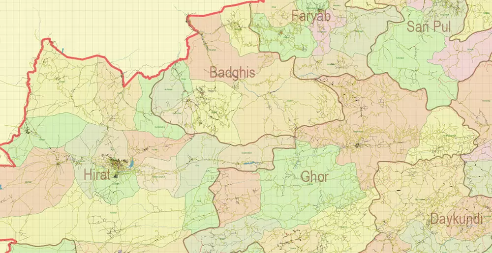 Afghanistan Full Map Vector Exact High Detailed: All Roads All Cities + Admin areas editable Adobe Illustrator Road Map in layers