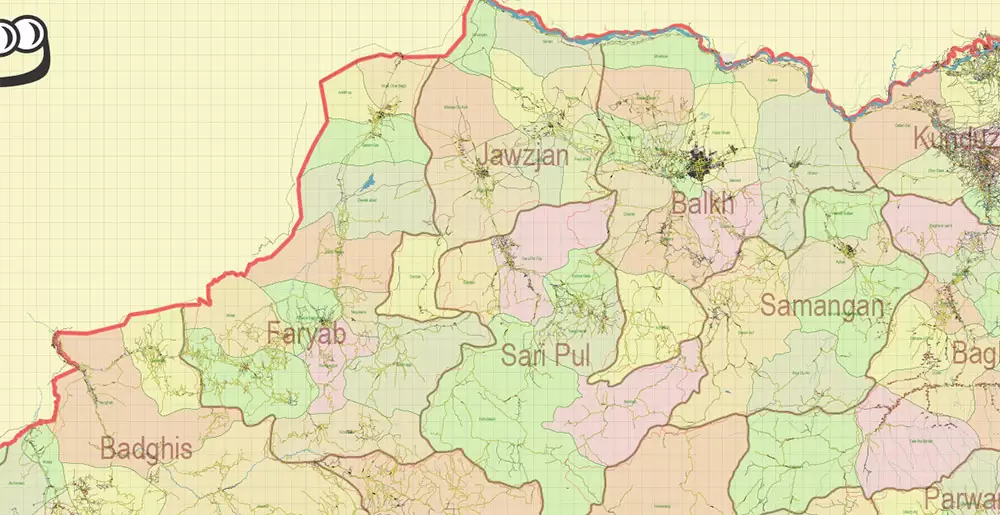 Afghanistan Full Map Vector Exact High Detailed: All Roads All Cities + Admin areas editable Adobe Illustrator Road Map in layers