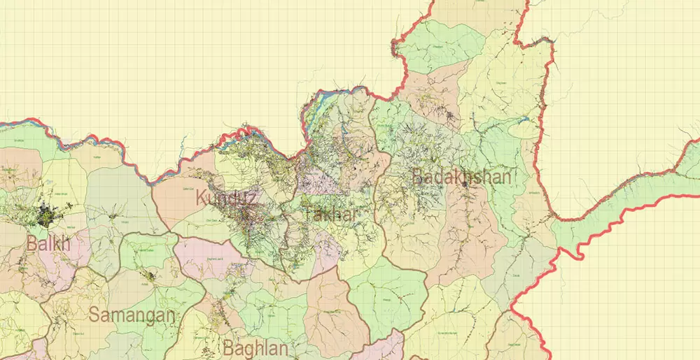 Afghanistan Full Map Vector Exact High Detailed: All Roads All Cities + Admin areas editable Adobe Illustrator Road Map in layers