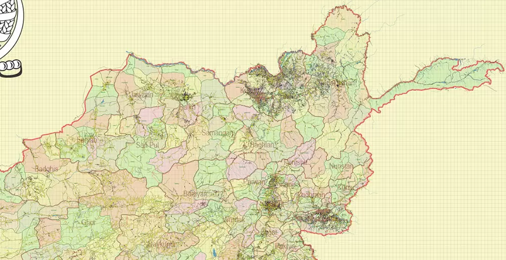 Afghanistan Full Map Vector Exact High Detailed: All Roads All Cities + Admin areas editable Adobe Illustrator Road Map in layers