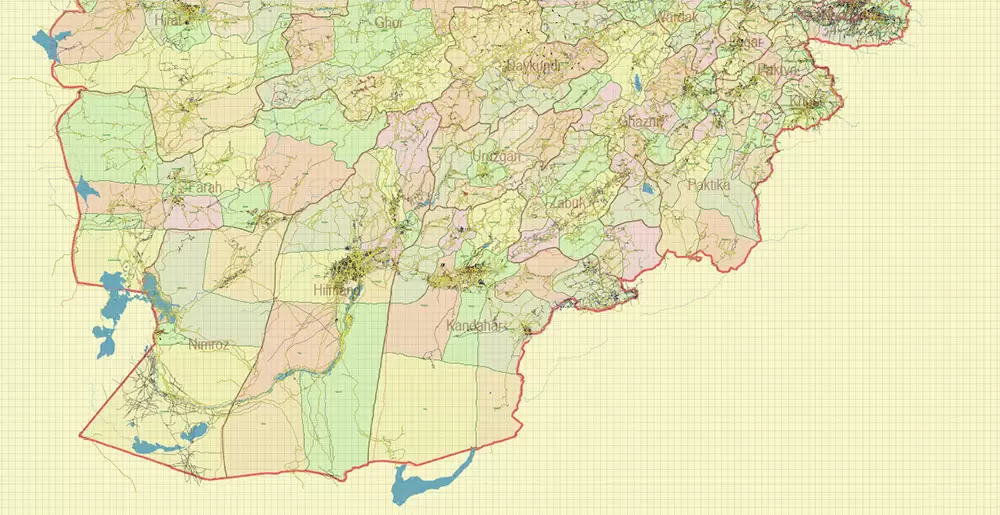Afghanistan Full Map Vector Exact High Detailed: All Roads All Cities + Admin areas editable Adobe Illustrator Road Map in layers