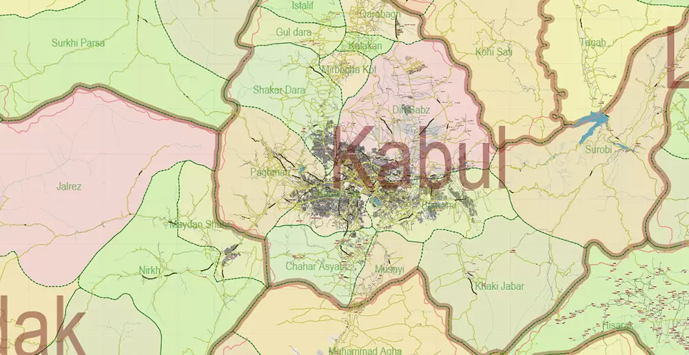 Afghanistan Full Map Vector Exact High Detailed: All Roads All Cities + Admin areas editable Adobe Illustrator Road Map in layers