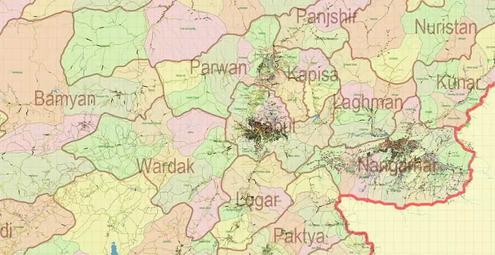 Afghanistan Full Map Vector Exact High Detailed: All Roads All Cities + Admin areas editable Adobe Illustrator Road Map in layers
