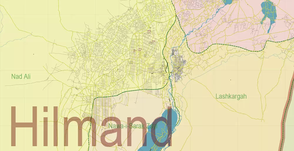 Afghanistan Full Map Vector Exact High Detailed: All Roads All Cities + Admin areas editable Adobe Illustrator Road Map in layers