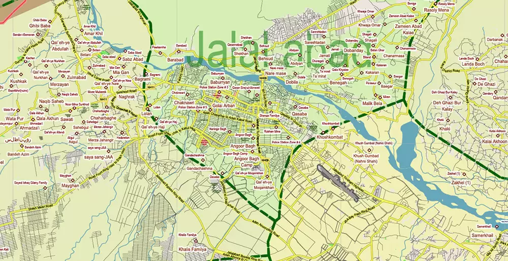Afghanistan Full Map Vector Exact High Detailed: All Roads All Cities + Admin areas editable Adobe Illustrator Road Map in layers