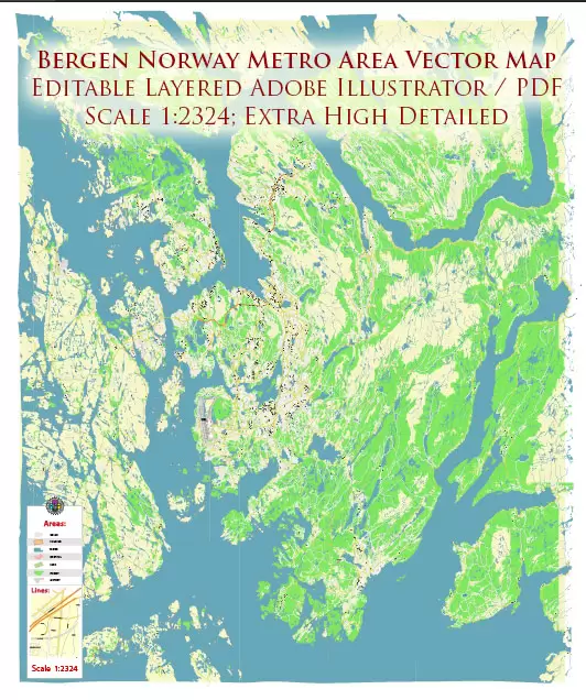 Bergen Norway City Vector Map Exact High Detailed editable Adobe Illustrator Street Map in layers