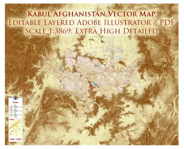 Kabul Afghanistan City Vector Map Exact High Detailed editable Adobe Illustrator Street Map + Relief Topo in layers