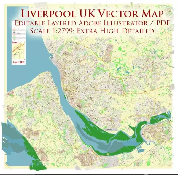 Liverpool UK City Vector Map Exact High Detailed editable Adobe Illustrator Street Map in layers