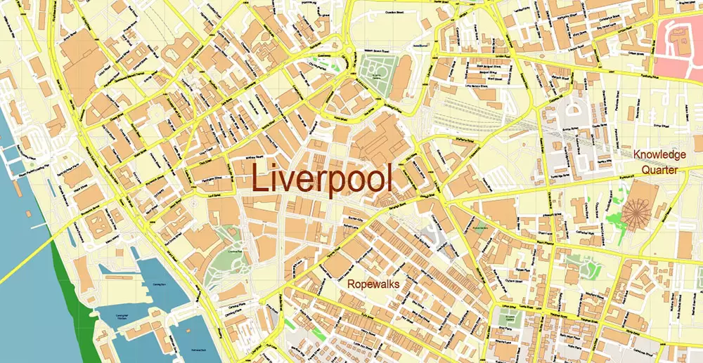 Liverpool UK City Vector PDF Map Exact High Detailed editable Adobe PDF Street Map in layers