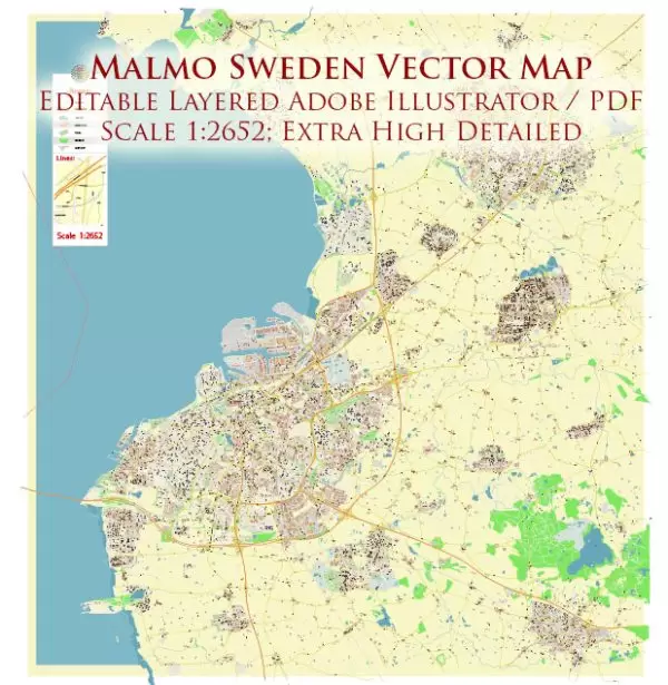 Malmo / Malmö Sweden City Vector Map Exact High Detailed editable Adobe Illustrator Street Map in layers