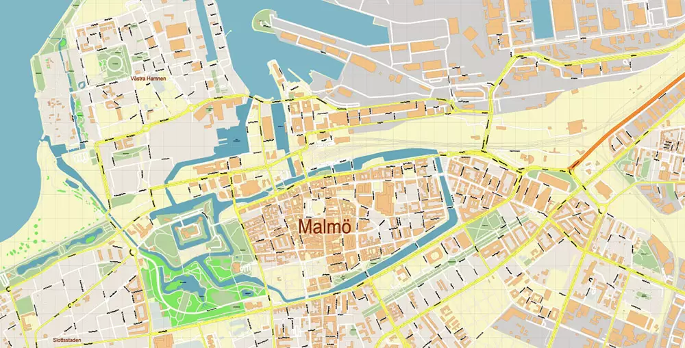 Malmo / Malmö Sweden City Vector Map Exact High Detailed editable Adobe Illustrator Street Map in layers