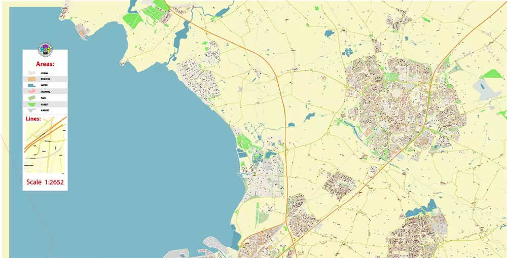 Malmo / Malmö Sweden City Vector Map Exact High Detailed editable Adobe Illustrator Street Map in layers