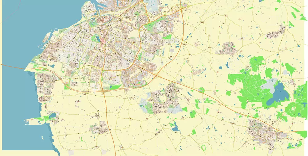 Malmo / Malmö Sweden City Vector Map Exact High Detailed editable Adobe Illustrator Street Map in layers