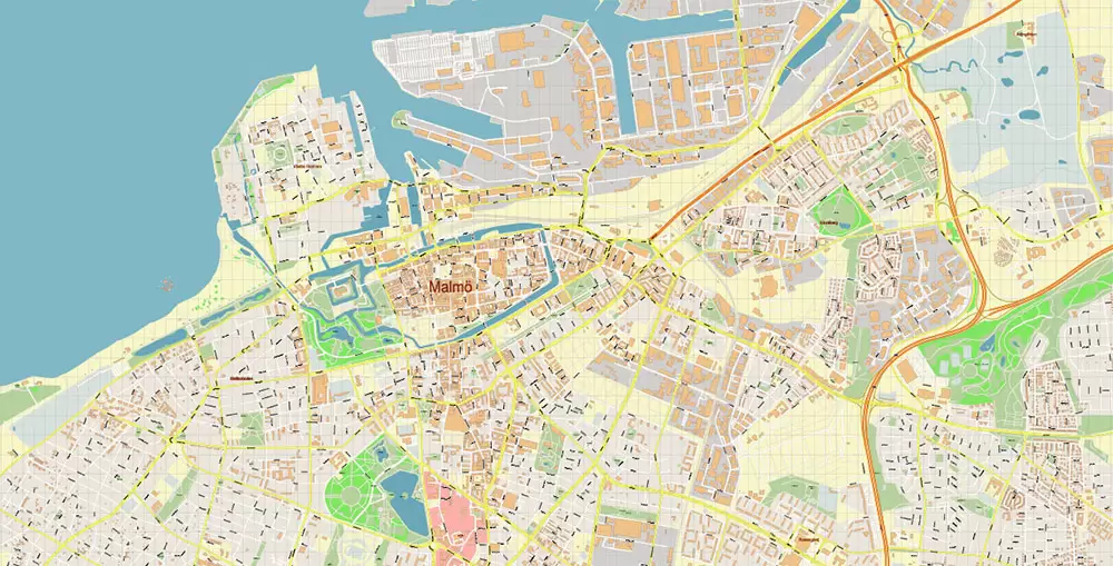 Malmo / Malmö Sweden City Vector Map Exact High Detailed editable Adobe Illustrator Street Map in layers