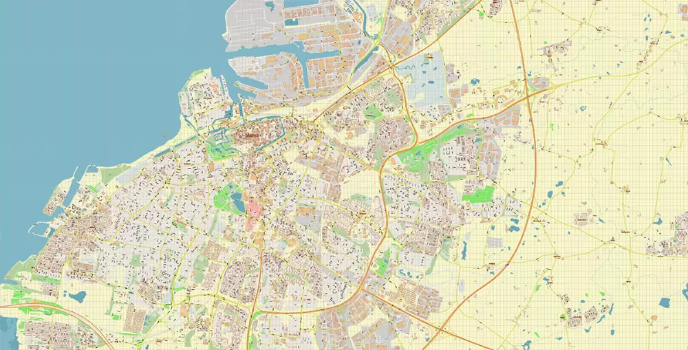 Malmo / Malmö Sweden City Vector Map Exact High Detailed editable Adobe Illustrator Street Map in layers