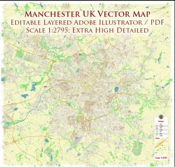 Manchester UK City Vector Map Exact High Detailed editable Adobe Illustrator Street Map in layers