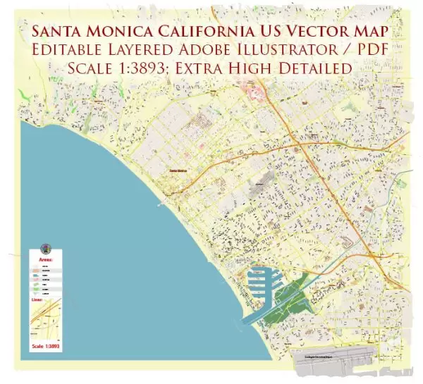 Santa Monica California US City Vector Map Exact High Detailed editable Adobe Illustrator Street Map in layers