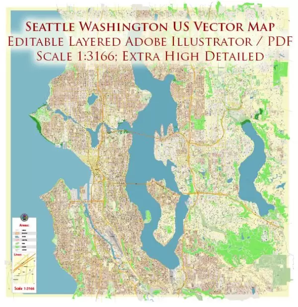 Seattle + Bellevue Washington US City Vector Map Exact High Detailed editable Adobe Illustrator Street Map in layers