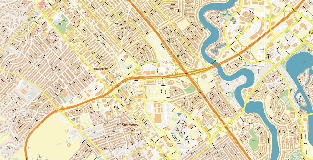 Silicon Valley California US City Vector Map Exact High Detailed editable Adobe Illustrator Street Map in layers
