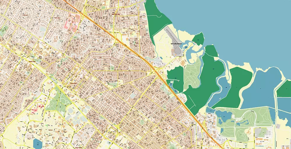 Silicon Valley California US City Vector Map Exact High Detailed editable Adobe Illustrator Street Map in layers