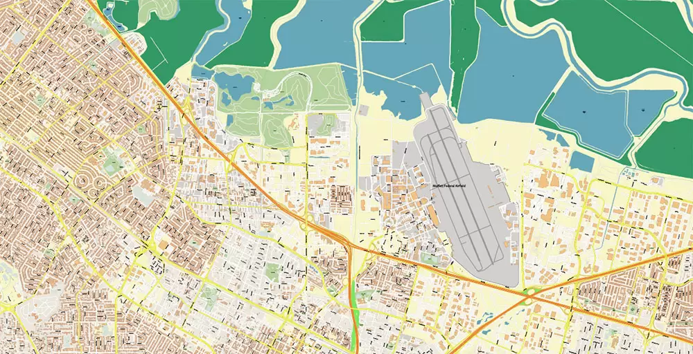 Silicon Valley California US City Vector Map Exact High Detailed editable Adobe Illustrator Street Map in layers