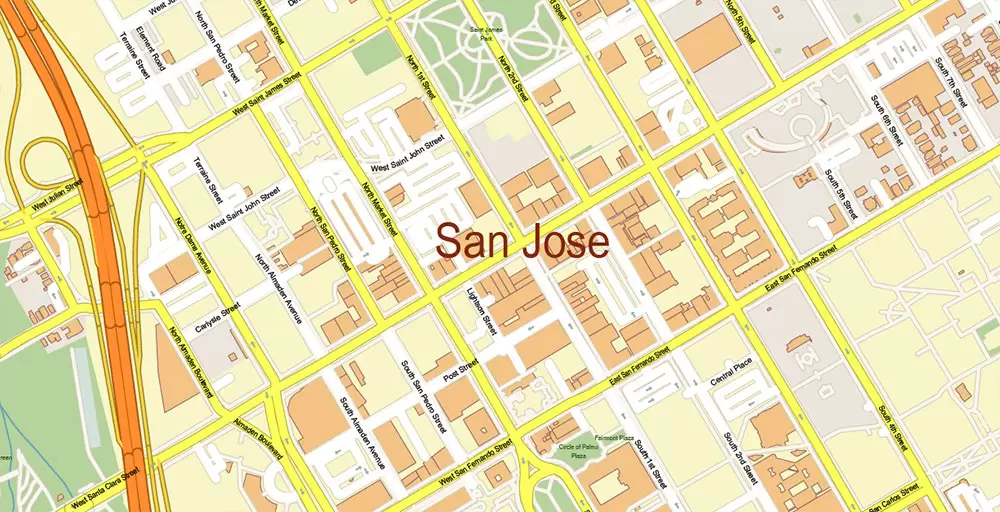 Silicon Valley California US City Vector Map Exact High Detailed editable Adobe Illustrator Street Map in layers