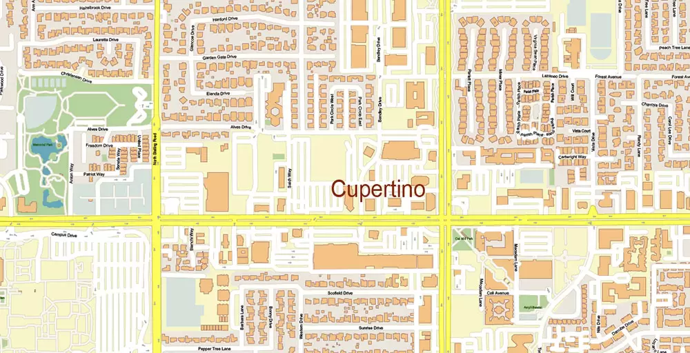 Silicon Valley California US City Vector Map Exact High Detailed editable Adobe Illustrator Street Map in layers