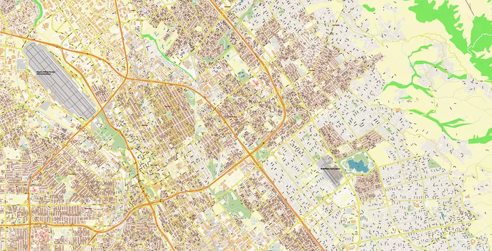 Silicon Valley California US City Vector Map Exact High Detailed editable Adobe Illustrator Street Map in layers