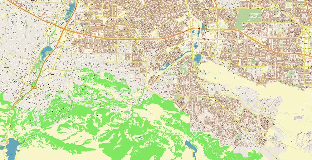 Silicon Valley California US City Vector Map Exact High Detailed editable Adobe Illustrator Street Map in layers