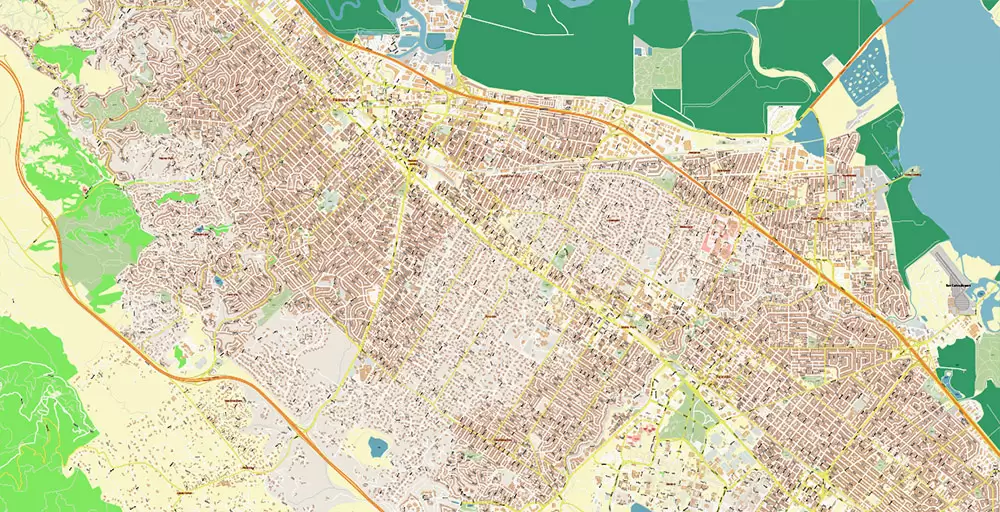 Silicon Valley California US City Vector Map Exact High Detailed editable Adobe Illustrator Street Map in layers