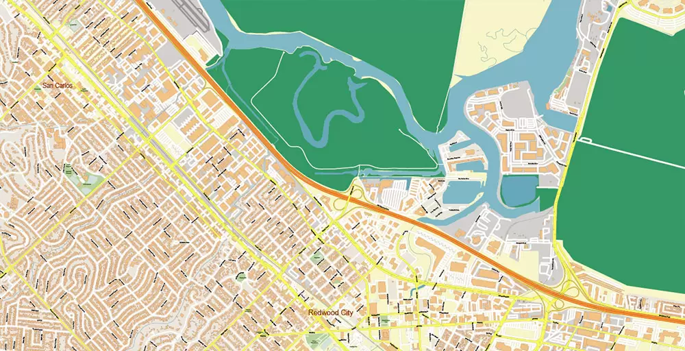 Silicon Valley California US City Vector Map Exact High Detailed editable Adobe Illustrator Street Map in layers