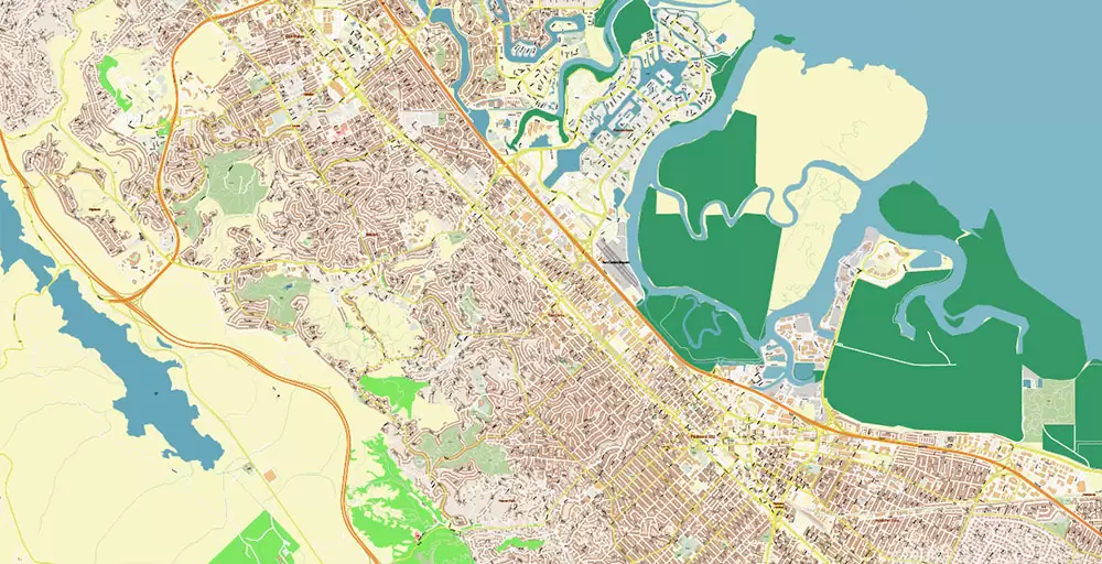 Silicon Valley California US City Vector Map Exact High Detailed editable Adobe Illustrator Street Map in layers