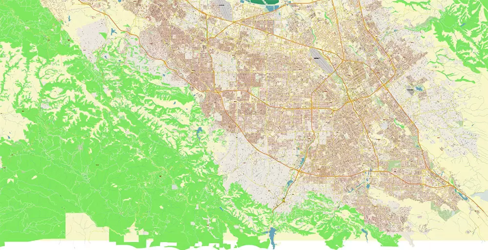 Silicon Valley California US City Vector Map Exact High Detailed editable Adobe Illustrator Street Map in layers