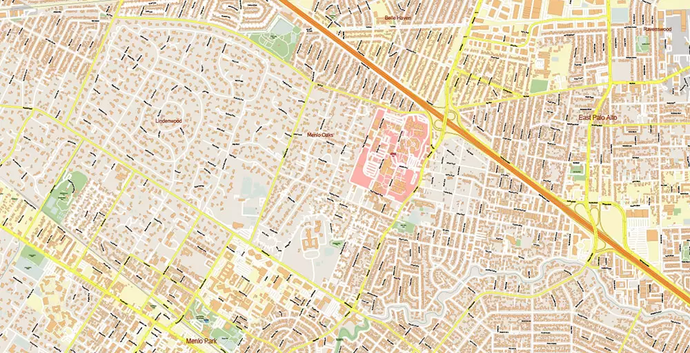 Silicon Valley California US City Vector Map Exact High Detailed editable Adobe Illustrator Street Map in layers