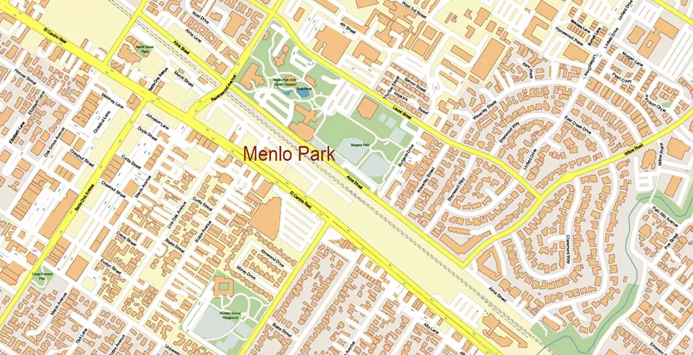 Silicon Valley California US City Vector Map Exact High Detailed editable Adobe Illustrator Street Map in layers