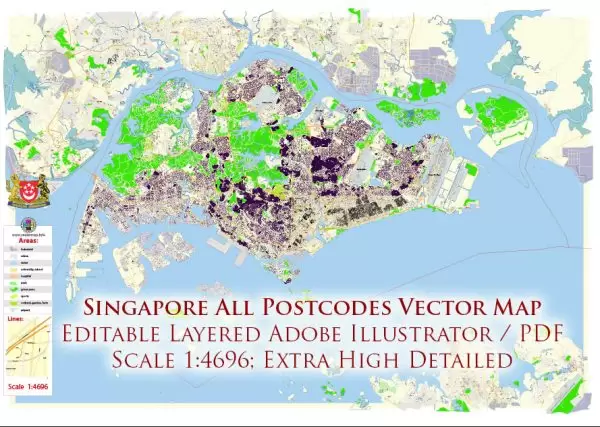 Singapore all Postcodes City Vector Map Exact High Detailed editable Adobe Illustrator Street Map in layers