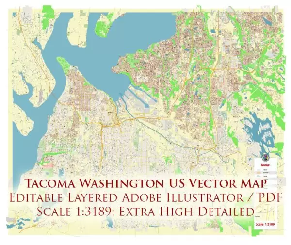 Tacoma Washington US City Vector Map Exact High Detailed editable Adobe Illustrator Street Map in layers