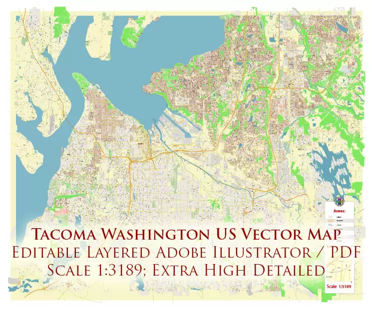 Tacoma Washington US City Vector Map Exact High Detailed editable Adobe Illustrator Street Map in layers