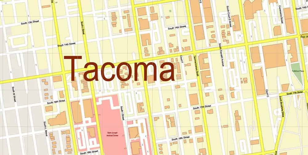 Tacoma Washington US City Vector Map Exact High Detailed editable Adobe Illustrator Street Map in layers