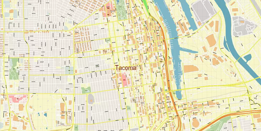 Tacoma Washington US City Vector Map Exact High Detailed editable Adobe Illustrator Street Map in layers