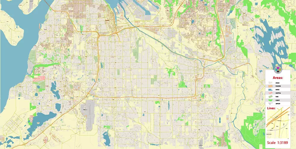 Tacoma Washington US City Vector Map Exact High Detailed editable Adobe Illustrator Street Map in layers