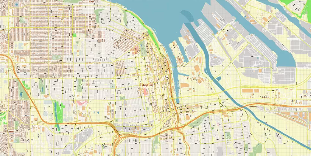 Tacoma Washington US City Vector Map Exact High Detailed editable Adobe Illustrator Street Map in layers