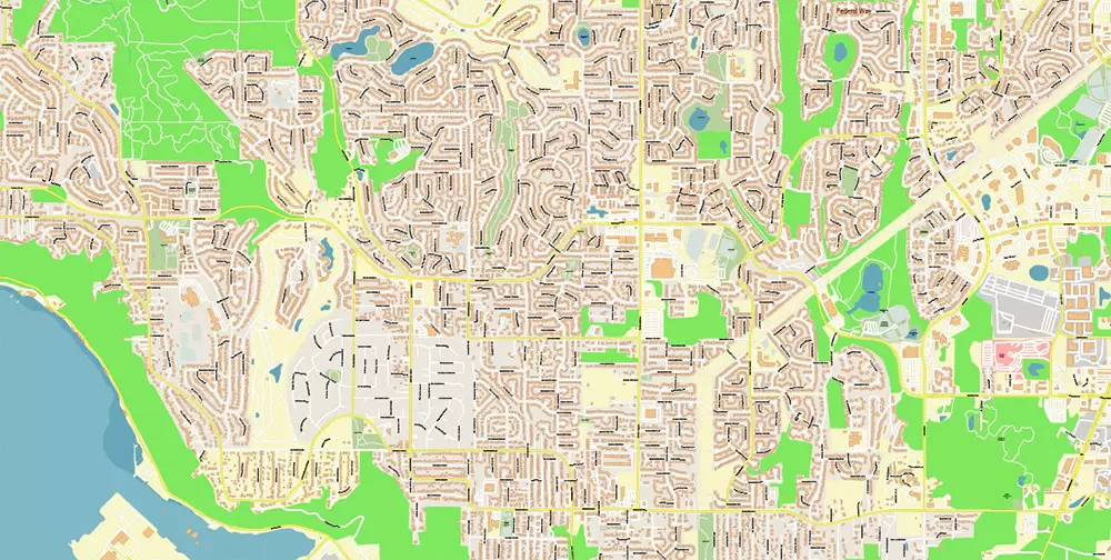Tacoma Washington US City Vector Map Exact High Detailed editable Adobe Illustrator Street Map in layers