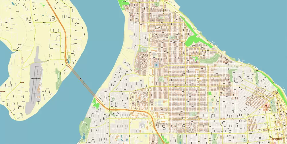 Tacoma Washington US City Vector Map Exact High Detailed editable Adobe Illustrator Street Map in layers