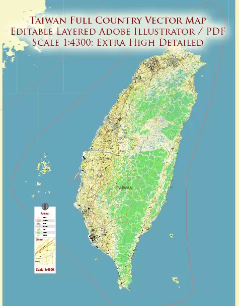 Taiwan full Country Vector Map Exact High Detailed editable Adobe Illustrator Street Road Map in layers