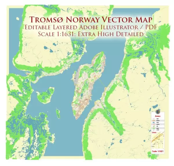 Tromsø / Tromso Norway City Vector Map Exact High Detailed editable Adobe Illustrator Street Map in layers