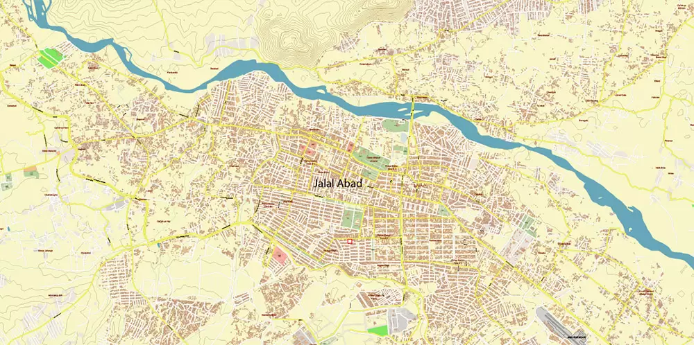 Jalal Abad Afghanistan City Vector Map Exact High Detailed editable Adobe Illustrator Relief Street Map in layers