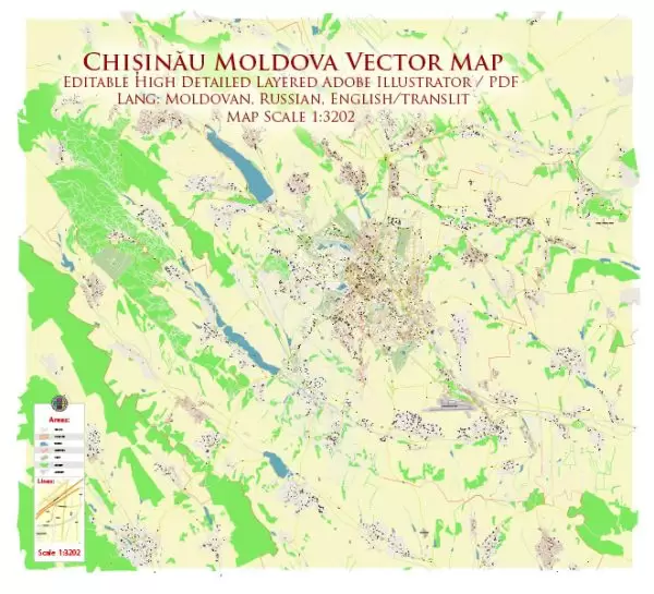 Chisinau Moldova Map Vector High Detailed editable Adobe Illustrator in layers (Mold; Eng, Rus)